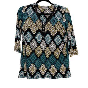 JM Collection Women's Geometric Print Top XLarge teal yellow black white
